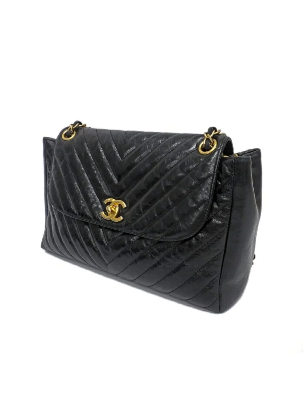 Chanel Chevron Classic Black Chain Shoulder Bag CC Logo Gold